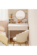 Simple Makeup Vanity Dressing Table, Steel Leg Small White Table with Shelf, Drawer, Mirror and Led Light for Bedroom and Small Space (RJ60CK, 60 * 40cm)