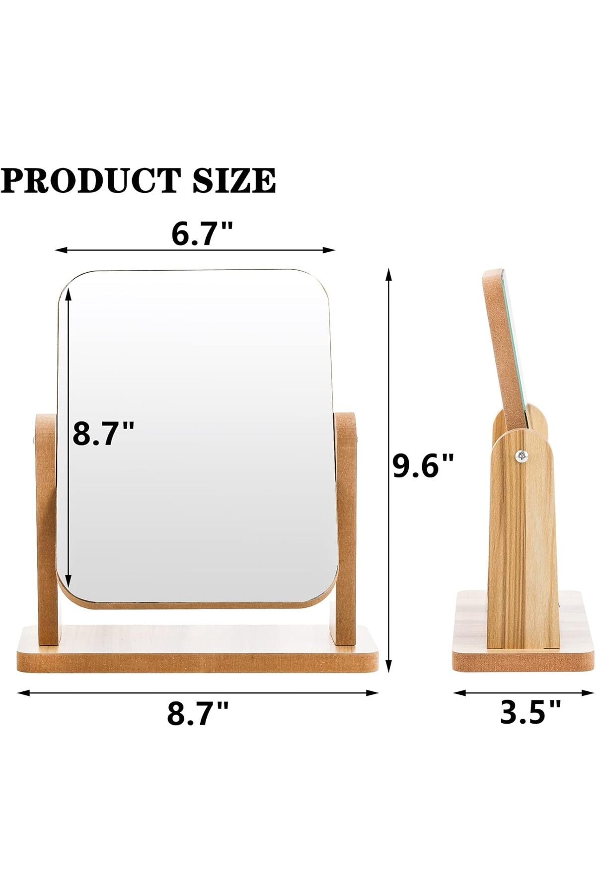 Desk Mirror, 22 x 23.5CM Wooden Mirror 360 Degree Portable Adjustable Table Desk Mirror, Bathroom Living Room Shave Makeup Mirror