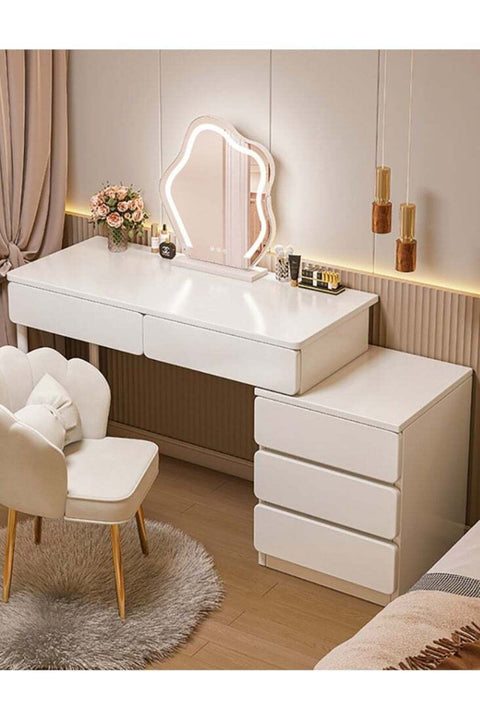 Makeup Vanity Desk, Vanity Table with Drawers, Bedroom Dressing Table, Warm White Table with 2 Drawers and 1 Extendable Drawer Cabinet, H Shape Steel Leg, SZY100