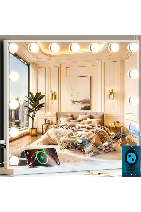 PlanetEase Makeup Mirror Large, 22.8x18.1 inch Vanity Mirror LED 15 Bulb Lights with Bluetooth Speaker and USB Charging Port, 3 Color Dimmable Touch Control, Hollywood Style for Professional, Bedroom