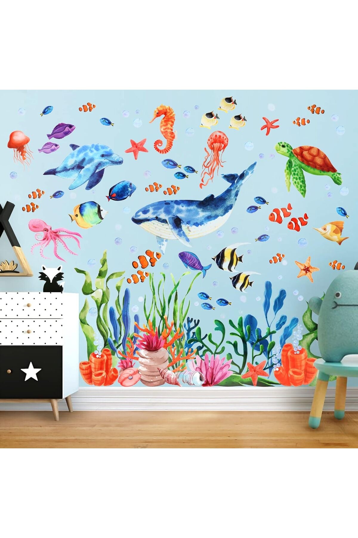 Under The Sea Wall Decals Sea Turtle Whale Dolphin Starfish Wall Stickers 3D Coral Reef Ocean Grass Bubbles Wall Decals Wall Decoration for Wall Corner Nursery Room Children Bedroom Bathroom