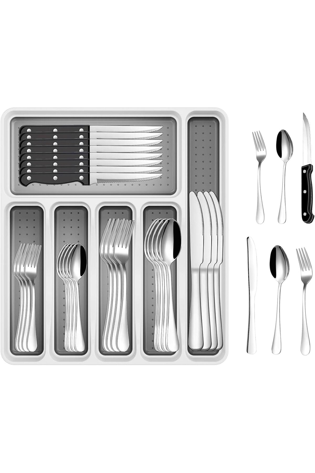 49-Piece Stainless Steel Silverware Set with Cutlery Organizer, Service for 8 with Steak Knives and Kitchen Utensils