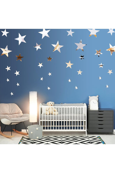 32 Pcs Star Mirror Wall Stickers 3D Acrylic Star Mirror Wall Decal Removable Stars Sticker for DIY Home Living Room Bedroom Wall Decor (Silver)