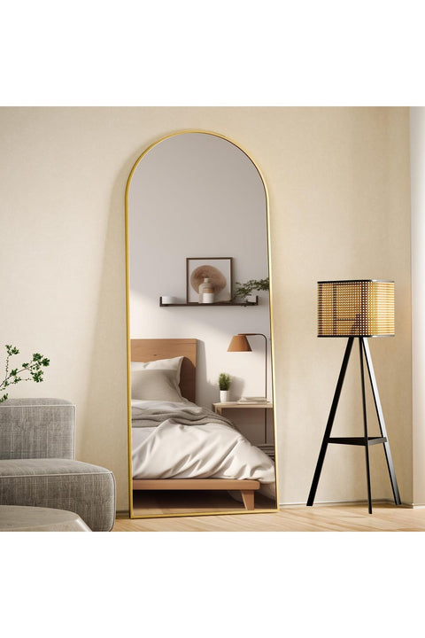 VooBang 165 x 60 cm Arched Full Length Mirror, Arch Floor Mirror Full Length with Stand, Full Body Standing Mirror for Living Room, Bedroom, Hanging or Leaning Against The Wall, Gold