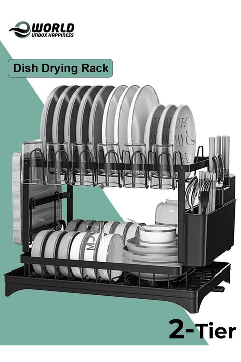 2-Tier Stainless Steel Dish Drying Rack with Drainboard & Utensil Holder – Large Capacity Kitchen Organizer for Plates, Bowls, Cups & Bottles – Black
