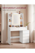 Dressing Table with LED Lights, Adjustable Brightness, 40 x 97.5 x 145 cm, Modern Makeup Desk, Vanity Table with Mirror, Drawers, Open Compartments, Adjustable Shelves, Cloud White