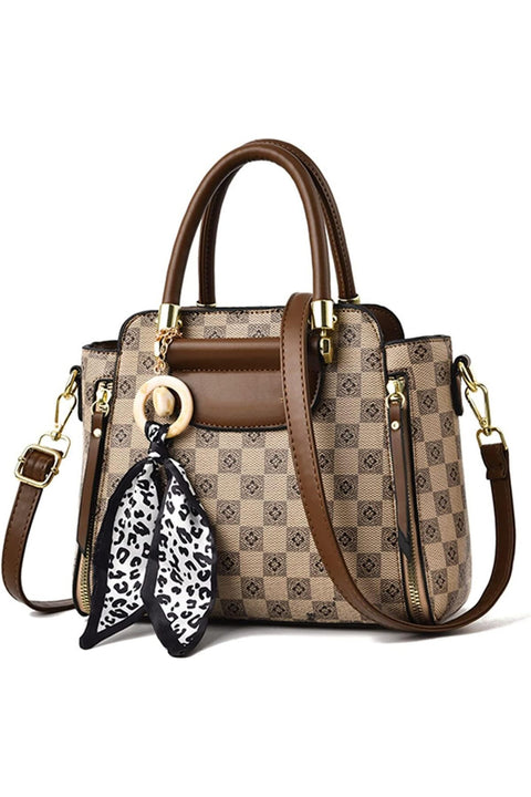 Women Handbags and Tote Bags, Retro Plaid Shoulder Satchel with Gold Hardware & Silk Scarf, PU Leather Top Handle Hobo Purse, Stylish and Functional