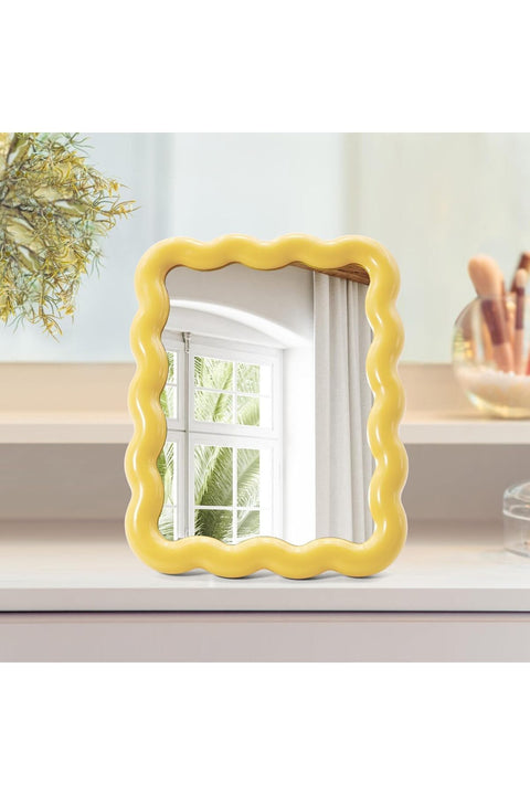 Cute Wave-Shaped Desk Vanity Makeup Mirror, Portable Aesthetic Folding Mirror for Travel, Standing/Hanging Makeup Mirror for Women & Girls, Home Décor Mirror (Yellow)