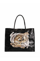 Miroshnikov Women’s Large Shopper Bag, Glossy PU Shoulder Tote, Memory Crinkle Effect, Leopard Print