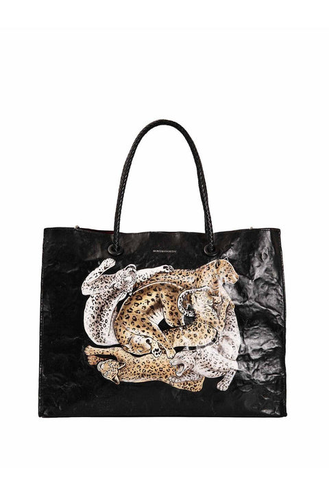 Miroshnikov Women’s Large Shopper Bag, Glossy PU Shoulder Tote, Memory Crinkle Effect, Leopard Print