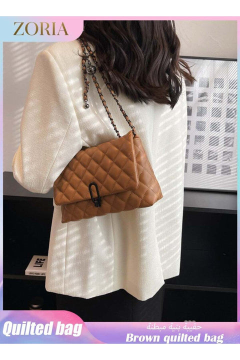 ZORIA Women's Quilted Crossbody Bag, PU Leather Adjustable Chain Shoulder Purse & Evening Handbag - Brown