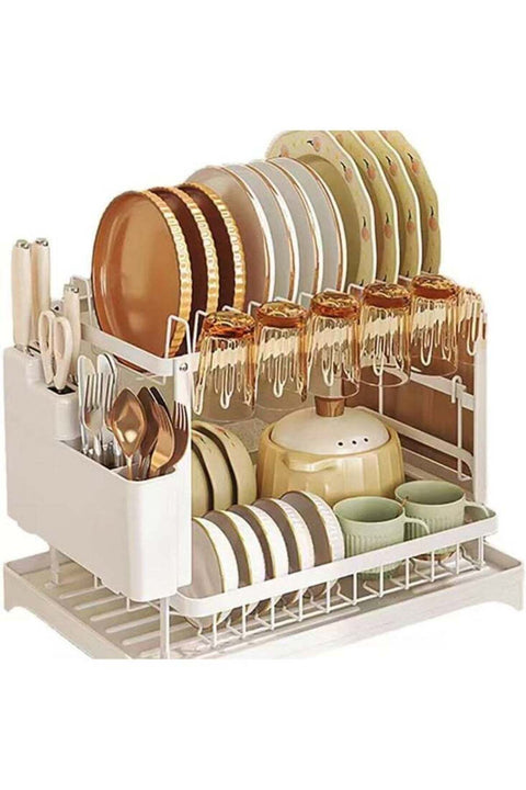 Dish Drying Racks for Kitchen Counter Large Capacity Double-Layer Dish Drying Rack - with Knife/Utensil & Cutting Board Holder, Drainage Tray (white)