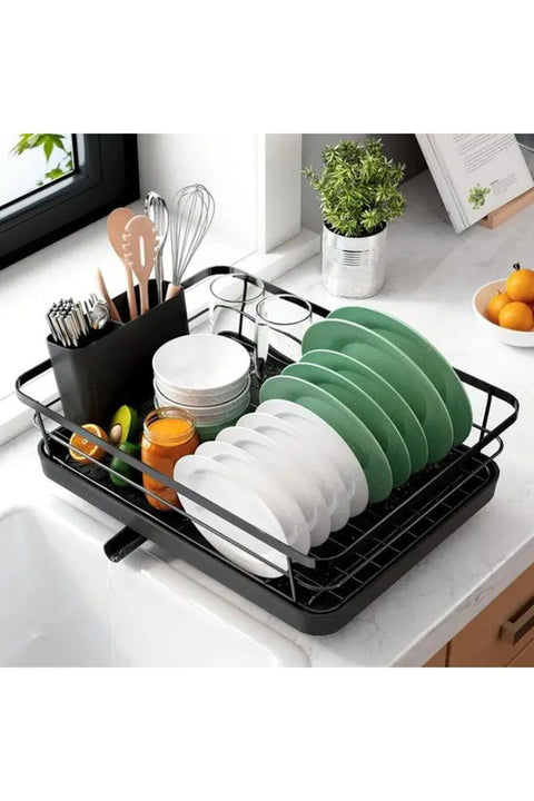 Black Stainless Steel Dish Drying Rack With Cutlery Holder Space Saving Kitchen Organizer