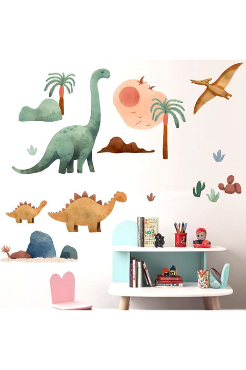 Dinosaur Wall Decals - Palm Tree Watercolor Dino Wall Stickers - Nursery Kids Baby Boys Room Daycare Playroom Classroom Wall Decor