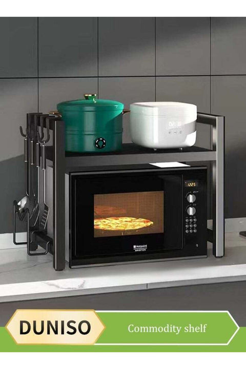 Microwave rack, expandable microwave rack, kitchen countertop toaster rack, kitchen storage rack, detachable, dirt and rust resistant, with 6 hooks and cutting board rack,black