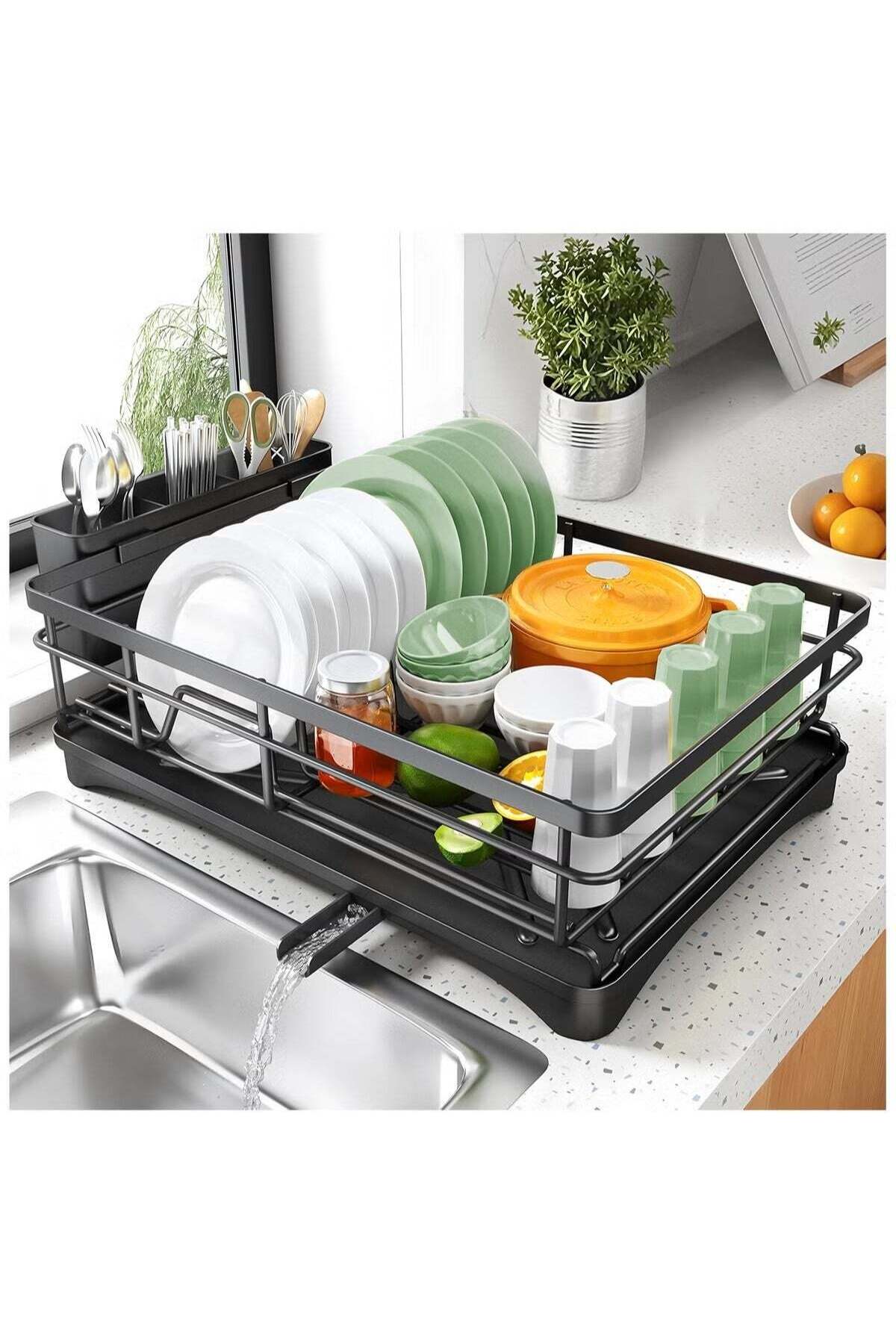 Stainless Steel Dish Drying Rack with Drainboard & Utensil Holder - Large Capacity, Rustproof Kitchen Counter Organizer with Swivel Spout & Removable Tray (Black)