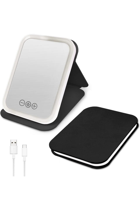 Travel Makeup Mirror, 7.5"*5.5" Portable LED Lighted Makeup Mirror, 3-Color Adjustable 5 Brightness Travel Essentials Makeup Mirror with Light, Rechargeable Tabletop Folding Cosmetic Mirror