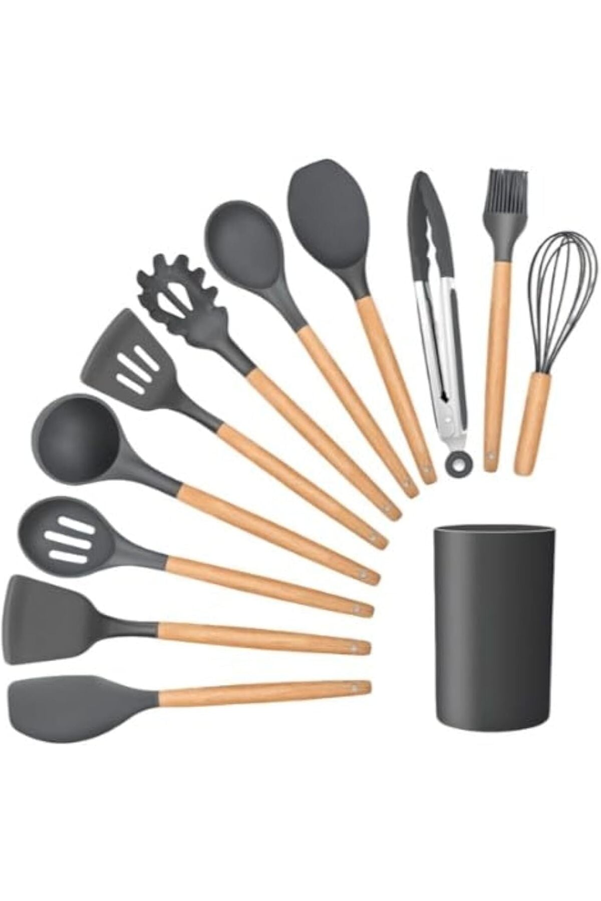 Silicone Cooking Kitchen 12PCS Wooden Utensils Set for Nonstick Cookware