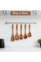 Wooden Kitchen Utensils Set, 6pcs Natural Teak Wooden Spoons with Holder and Spoon Rest For Non-stick Pan