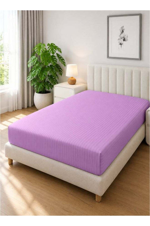 1-Piece Microfiber Fitted Sheet Striped, Color Lilac, Design Soft Fabric Deep Pocket Elastic Edge Bed Linen