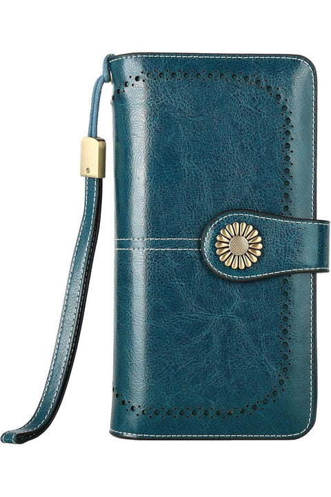 Oil Wax Leather Wallet for Women Clutch with Strap 24 Card Slots 2 ID Windows Cash Compartments 2 Zipper Pocket