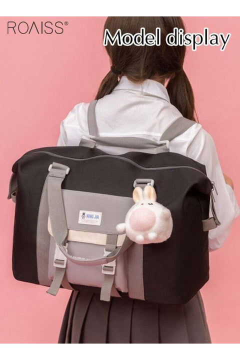 Large Capacity Color Block Tote Daily School Travel Adjustable Detachable Strap Backpack (With Doll And Badge)