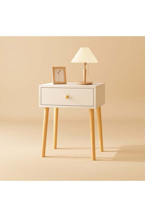 Minimalist White Bedside Cabinet with Wooden Legs, 40 x 30 x 55 cm, Modern Nightstand with Convenient Drawer, Stylish Compact Side Table for Bedroom, Living Room, Office and Contemporary