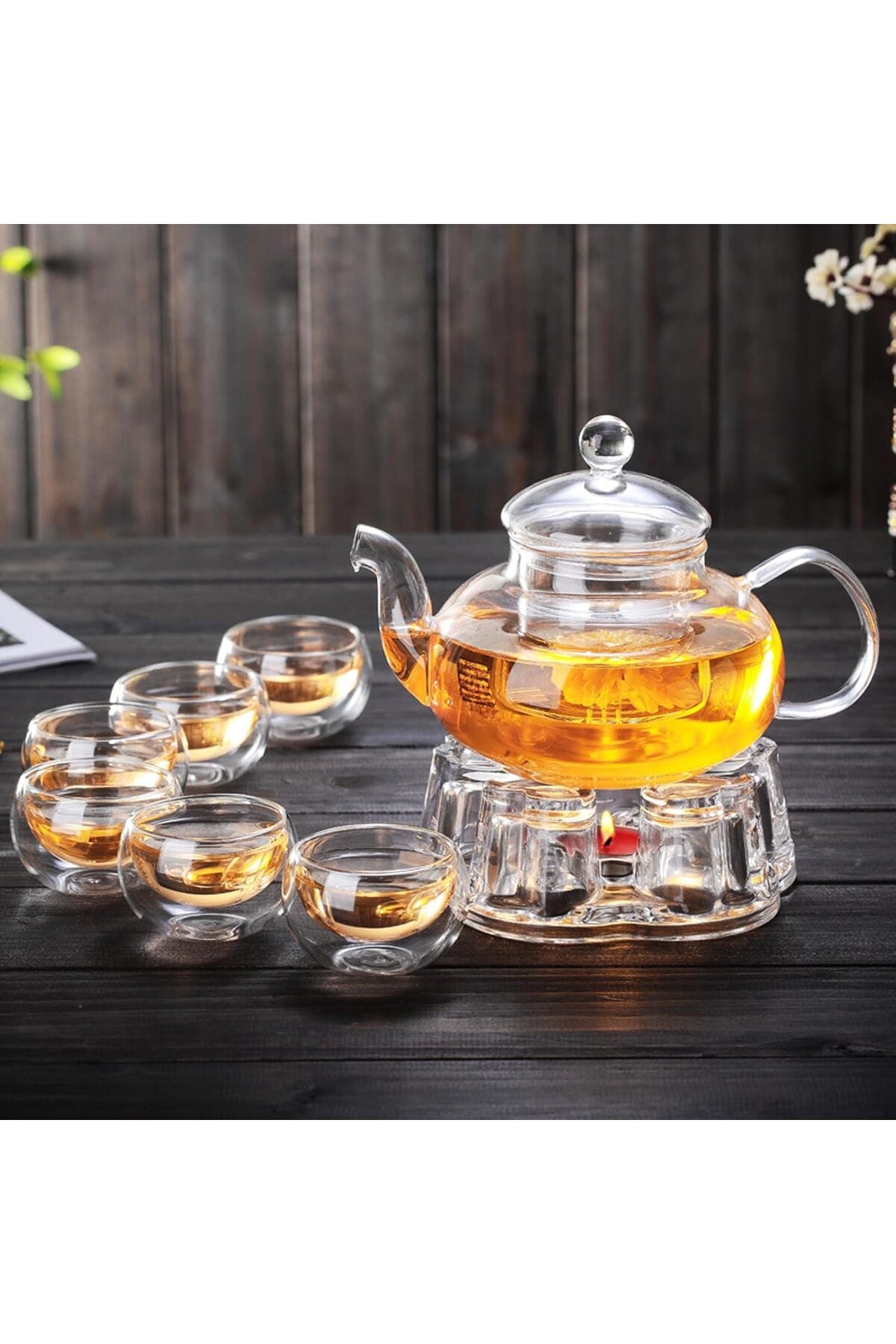 Glass Teapot Set, 8 Piece Glass Tea Set, 1 Teapot 600ml, 1 Heart Shape Candle Holder and 6 Cups 50ml with Removable Infuser, Tea Gift Sets