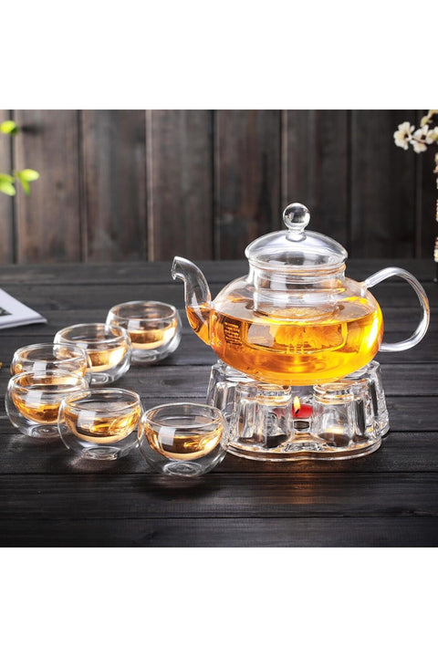 Glass Teapot Set, 8 Piece Glass Tea Set, 1 Teapot 600ml, 1 Heart Shape Candle Holder and 6 Cups 50ml with Removable Infuser, Tea Gift Sets