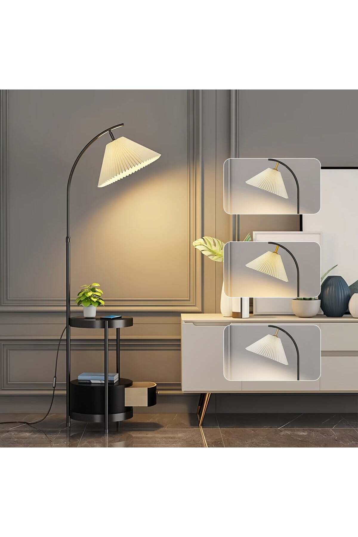 Arc Floor Lamp with Side Table 3-Color Dimmable LED (3000K-6000K) 12W Gold Standing Lamp with Storage Shelf