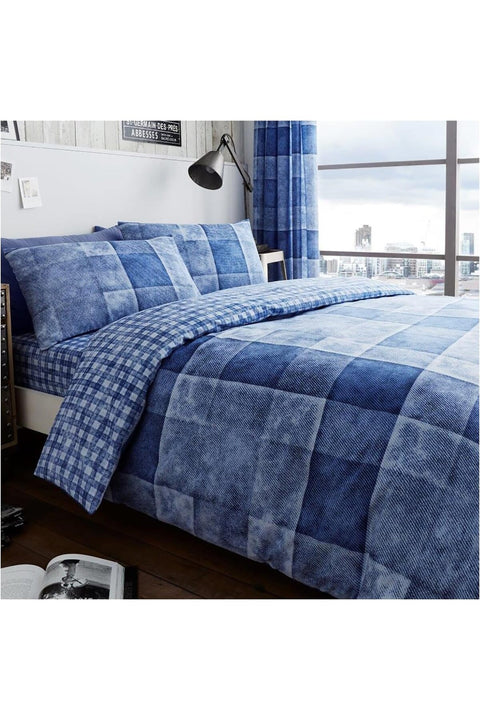 Checked Duvet Cover Double (200cm x 200cm) - Quilt Bedding Set Double Bed with 2 Pillow Cases - Blue