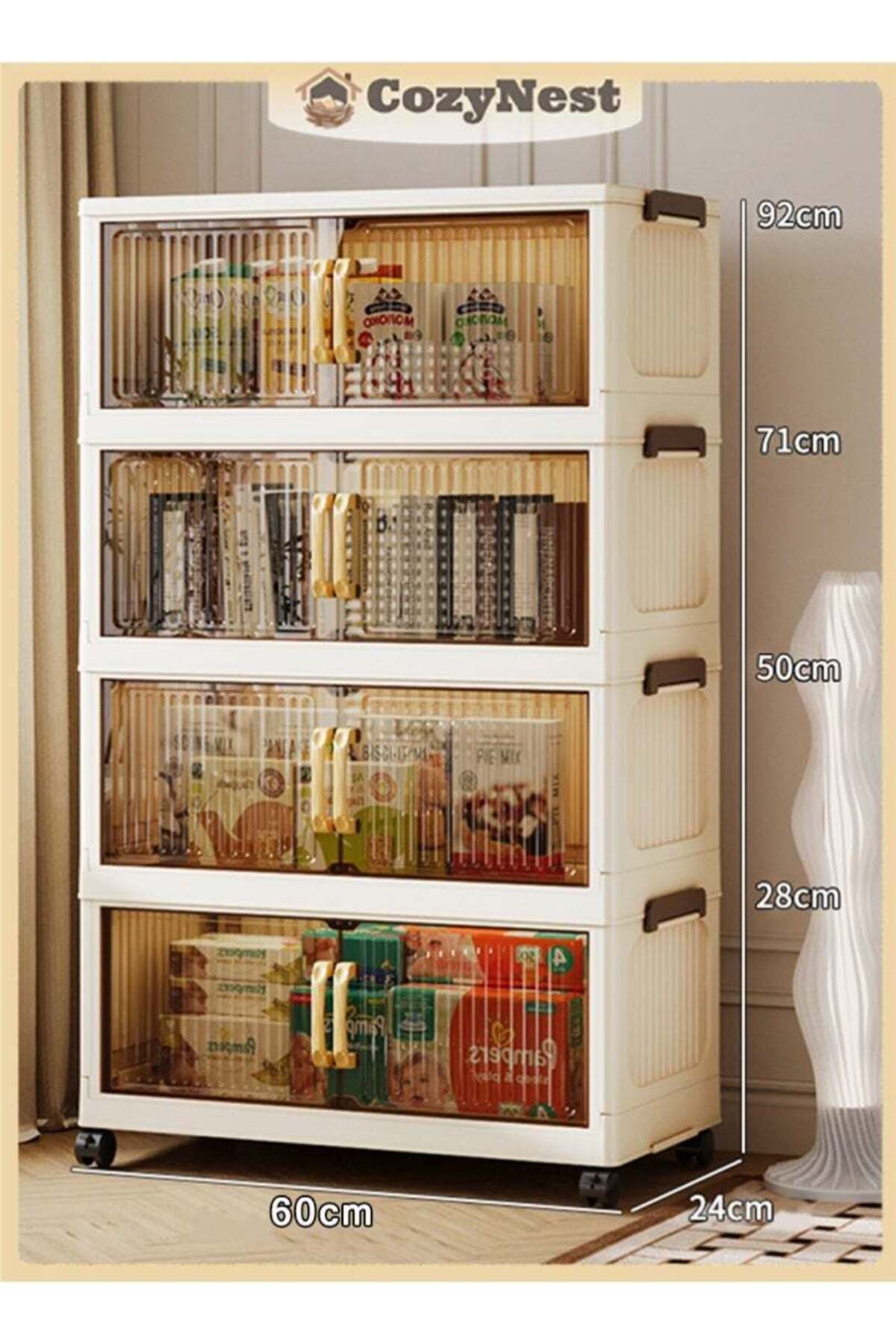 CozyNest 4-Tier Storage Cabinet with Handle and Wheels, 60cm Mobile Organizer Unit for Clothes, Toys, and Office Supplies