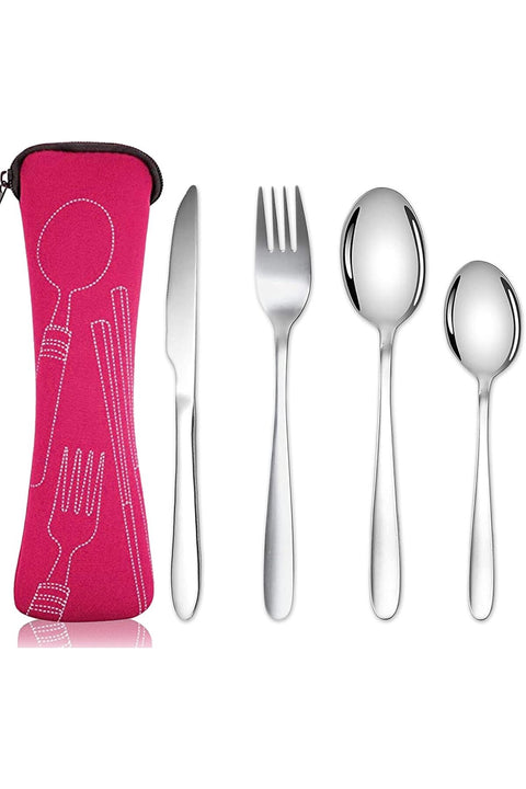 Acehome Cutlery Set with Portable Bag, Stainless Steel Flatware, Camping Utensils Set (4 Pieces, Rose Red)