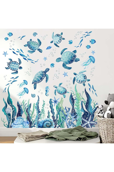 Ocean Sea Turtle Wall Stickers - Under The Sea Marine Theme Seaweed Grass Wall Decals - Baby Nursery Kids Bedroom Daycare Bathroom Wall Decor Stickers