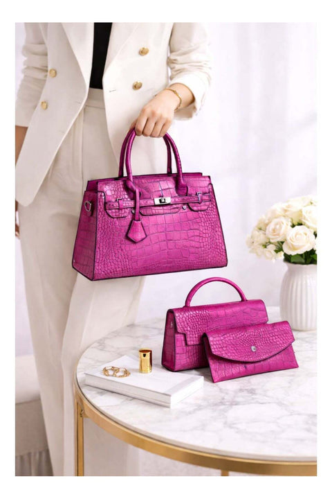 3-Piece Elegant Croc-Texture PU Leather Handbag Set – Premium Tote, Shoulder Bag & Wallet for Everyday Luxury
