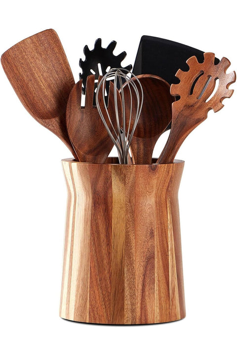 Wooden Utensil Holder For Countertop, 360° Rotating Acacia Wood Kitchen Caddy, Large Cooking Tool Organizer Crock For Farmhouse Décor