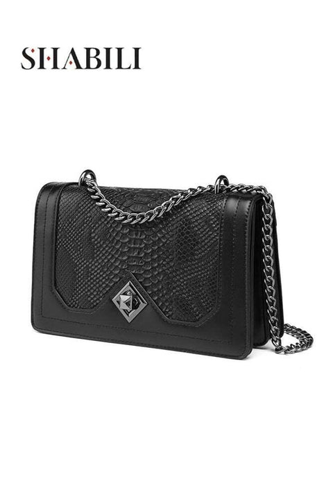 Women’s PU Crossbody Bag, Chain Flap Snake Texture, for Daily Commuting, Dating, Office (Black)