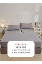 King Size Fitted bed sheet 180*200+30 cm with 2 pillow covers, set of 3 pieces, plain grey color.