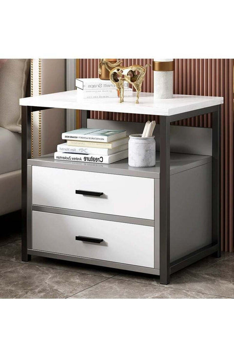 Modern Bedside Cabinet Bedside Table Nightstand Metal Frame Side Table with 2 Drawers and Open Shelf Storage Simple End Side Table for Bedroom Living Room(White 40*34*50cm)