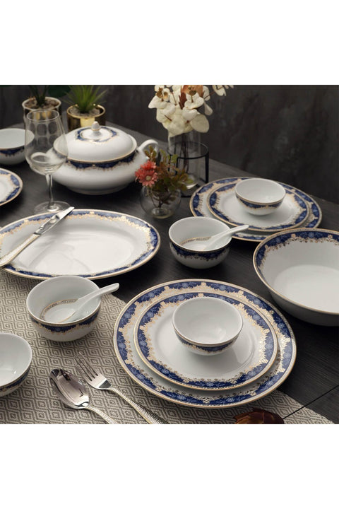 Aurora Collection 35 Pcs Dinner Set | Elegant Floral Pattern In Royal Blue With Real Gold Plated Premium Porcelain | Elegant Set for Serving & Gifting