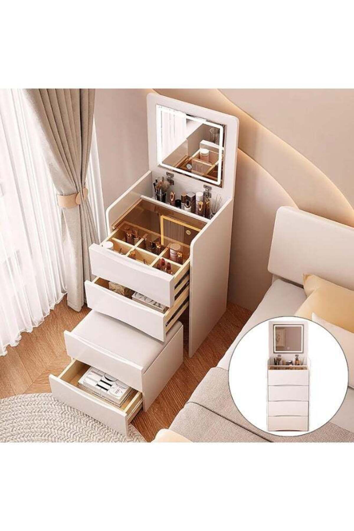 Makeup Table with Flip Top Mirror and Removable Storage Padded Seat Stool Led Smart Glass Dressing Table Chair Set,Modern Vanity Desk Set with LED Lighted Mirror Cushioned Stool and 3 Drawer (White, S