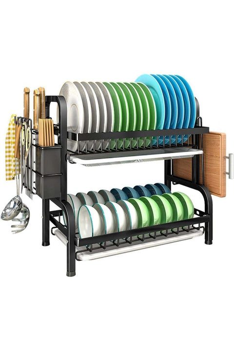 2-Tier Double Layer Stainless Steel Rust-Proof Dish Drying Rack with Drip Tray & Utensil Holder