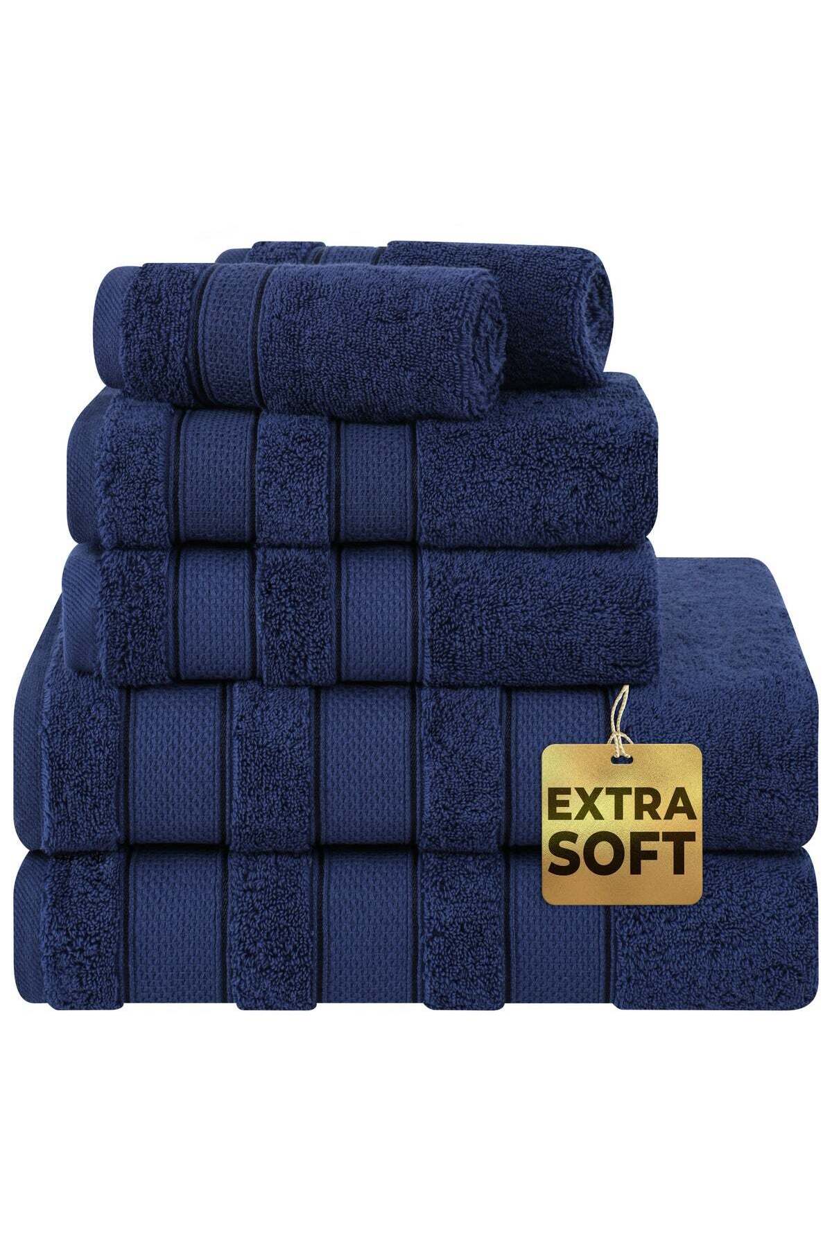 Safi Plus 6-Piece Towel Set 100% Turkish Genuine Cotton Super Soft & Absorbent Luxury Hotel Quality 600 GSM Cotton Bathroom Towels, 2 Bath Towels, 2 Hand Towels, 2 Washcloths, Navy Blue