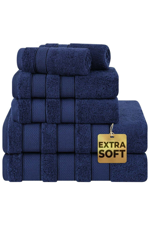 Safi Plus 6-Piece Towel Set 100% Turkish Genuine Cotton Super Soft & Absorbent Luxury Hotel Quality 600 GSM Cotton Bathroom Towels, 2 Bath Towels, 2 Hand Towels, 2 Washcloths, Navy Blue