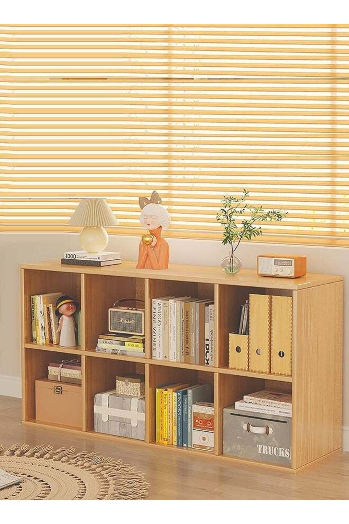 CozyNest 8-Compartment Freestanding Bookshelf & Storage Cabinet, Wall-Adjacent Kids Bookcase, Simple Organizer for Living Room Reading Corner, Natural Wood