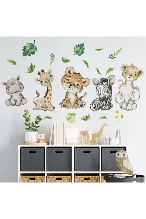 Watercolor Baby Safari Animals Wall Decals Stickers, African Jungle Elephant Zebra Giraffe Hippo Lion Leopard Cheetah Kids Room Nursery Decor, Neutral Palm Leaf Crib Decorations Bedroom Art