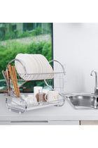 Dish Drainer Rack, 2 Tier Stainless Steel Dish Rack with Cutting Board, Cutlery, Utensil Holder, Dish Dryer for Kitchen Counter Top Storage, Plated Chrome Dish Drainboard Silver