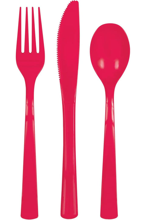 Unique Ruby Red Plastic Cutlery Set – 18-Piece Reusable or Disposable Party Utensils with 6 Forks, 6 Spoons & 6 Knives for Birthdays, Holidays, Weddings & Special Events