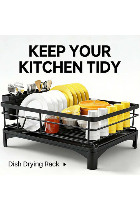 Black Stainless Steel Dish Drying Rack Space Saving Kitchen Countertop Dish Drainer With Drain Board Utensil Holder Foldable Design