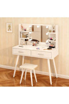 Dressing Table with Cushioned Stool, Makeup Vanity Desk with Shelf and Lighted Mirror, White Dresser Stool Set with Mirror and Drawers for Bedroom Dressing Room
